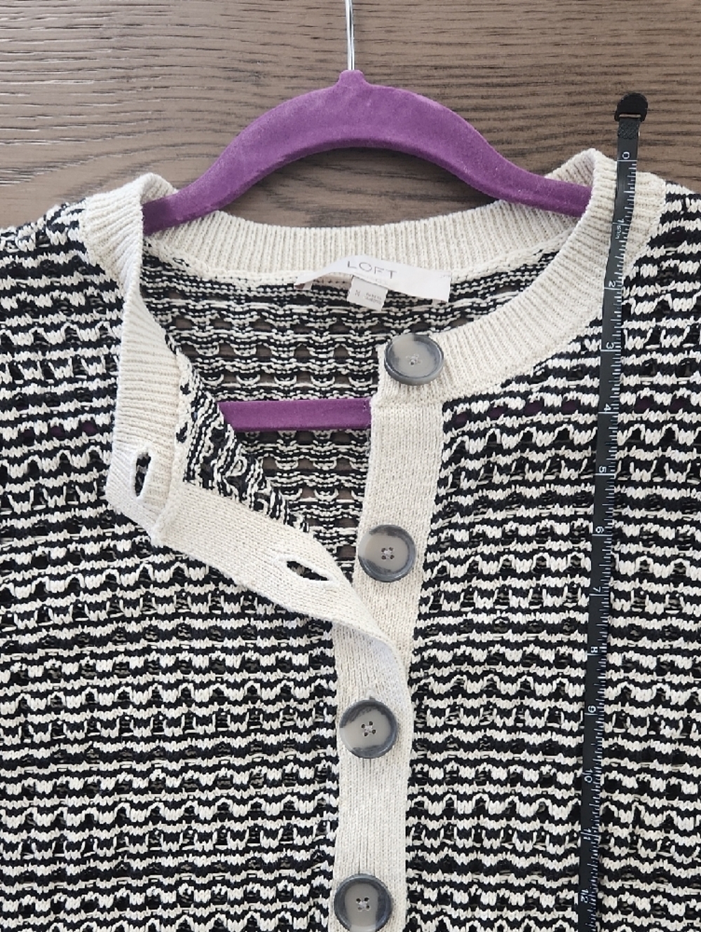 LOFT Black and Cream Button-Front Textured Cardigan - Picture 9 of 9